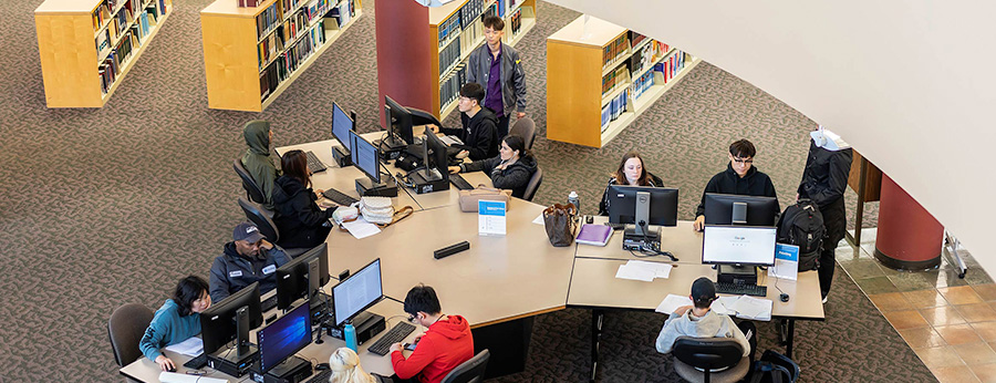  South Seattle College students study in the library birds eye view 